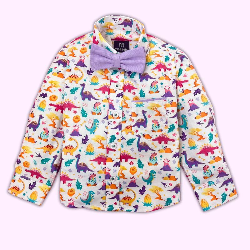 Colorful Dino Purple Bow Tie Shirt