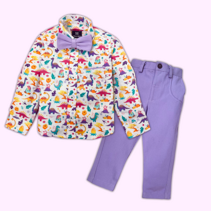 Colorful Dino and Purple Pant - Pant Shirt Set