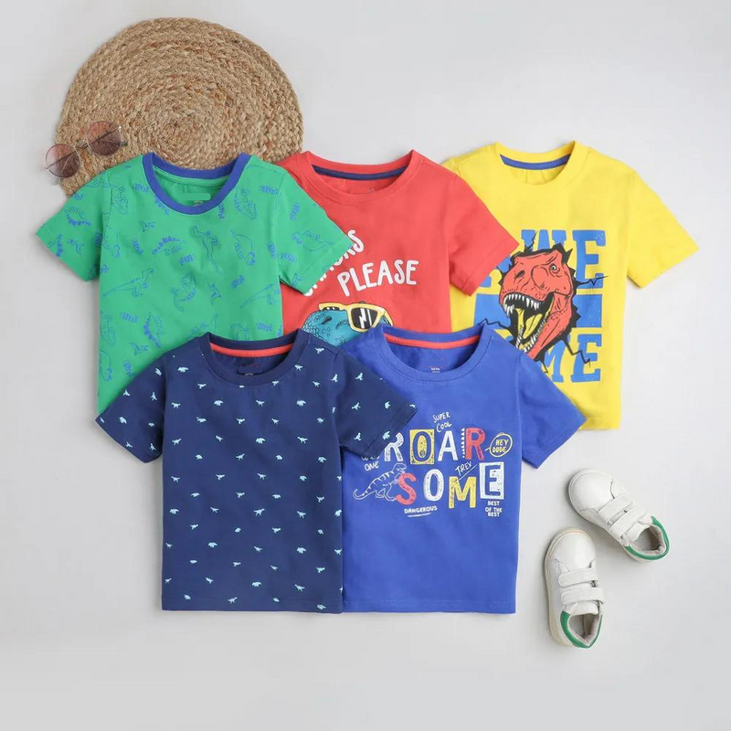 Dinosaur Graphic Printed T-Shirts - Pack of 5