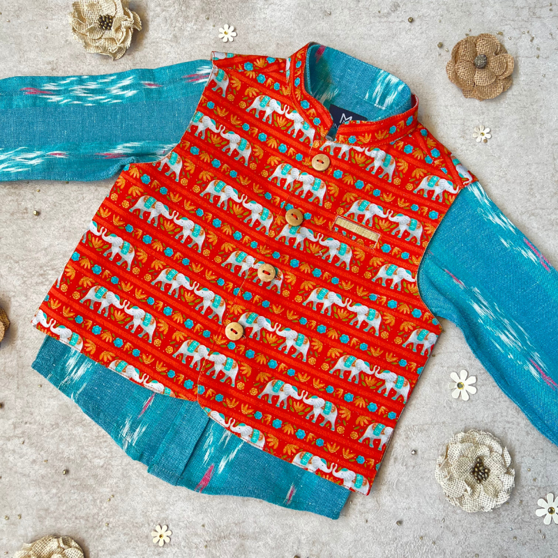 Indian Elephant  Printed Orange Jacket and Aqua Ikat Shirt
