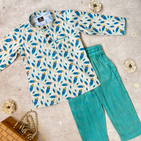 Peacock feather Printed Kurta and Aqua Pyjama