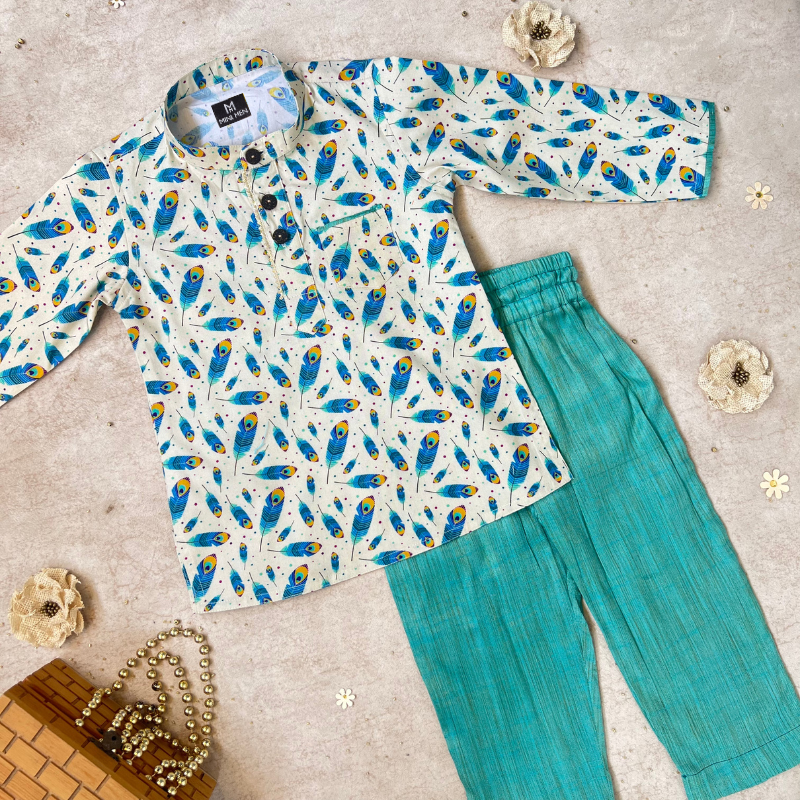 Peacock feather Printed Kurta and Aqua Pyjama