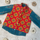 Traditional Floral Printed Red Jacket and Blue Ikat Shirt