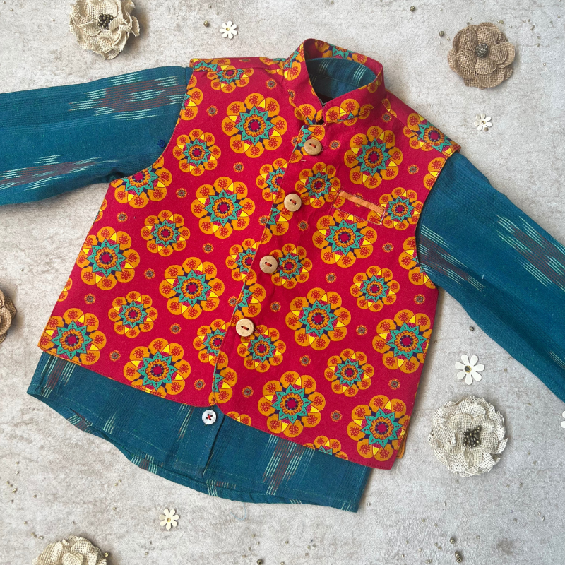 Traditional Floral Printed Red Jacket and Blue Ikat Shirt