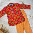 Traditional Floral Printed Hot Pink Kurta and Orange Pyjama