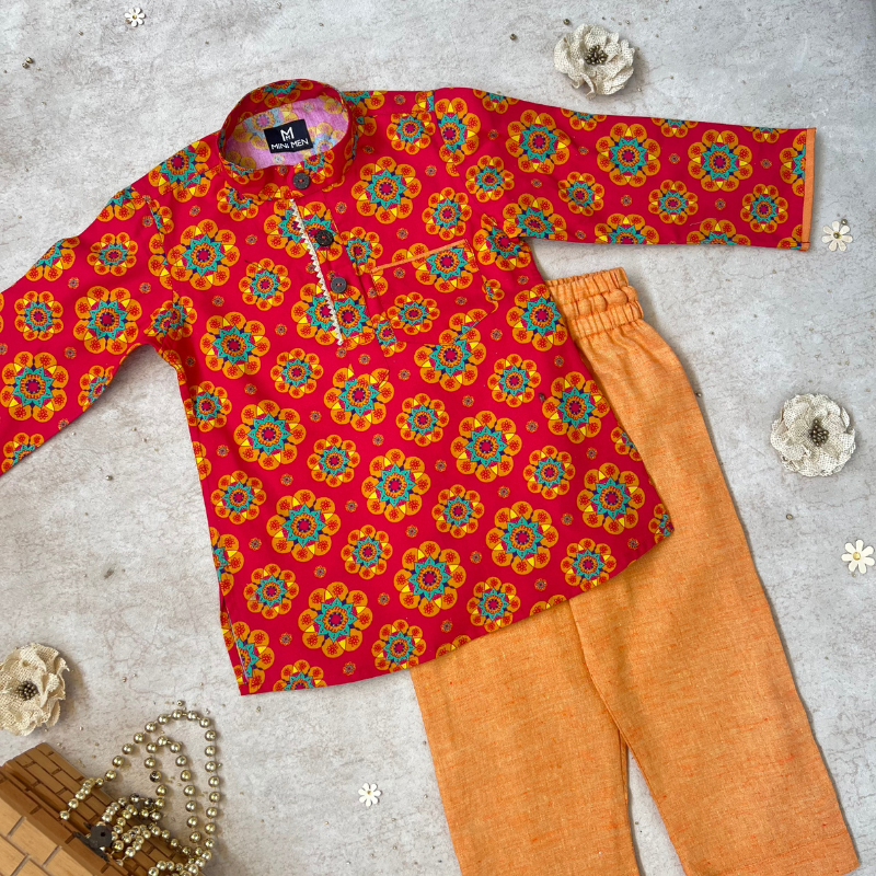 Traditional Floral Printed Hot Pink Kurta and Orange Pyjama