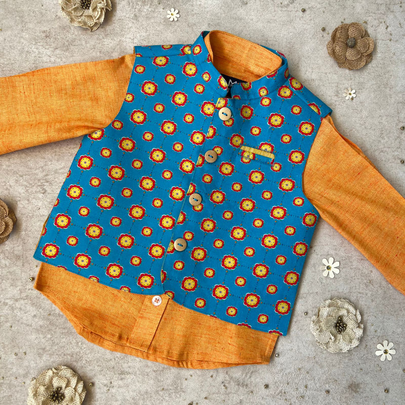 Traditional Printed Blue Jacket and Orange Shirt
