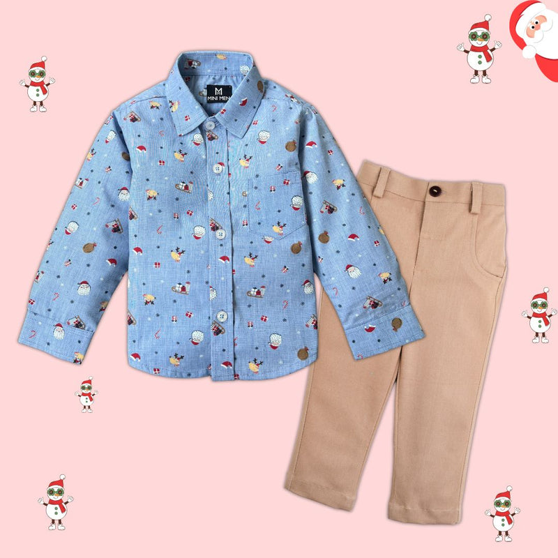 Jingle Bells Printed Shirt & Beige Pant - Pant Shirt Set