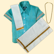 Traditional Aqua Blue Silk Shirt & Dhoti Set with Accessories
