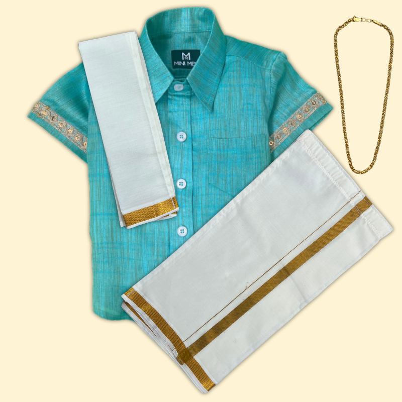 Traditional Aqua Blue Silk Shirt & Dhoti Set with Accessories