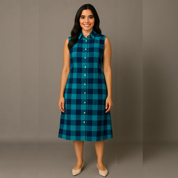 Aqua Checks - Mom Twinning Shirt Dress