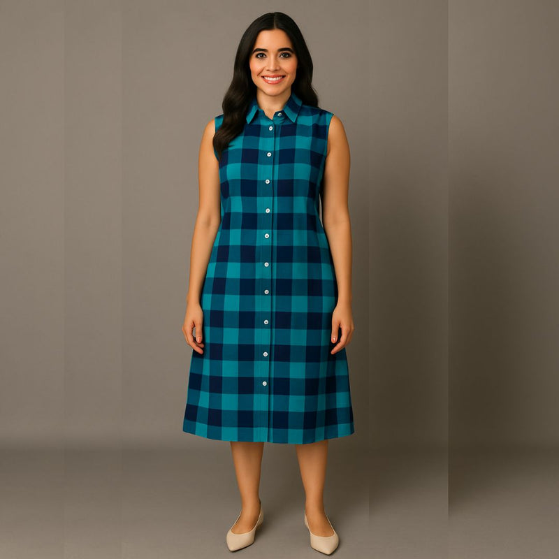 Aqua Checks - Mom Twinning Shirt Dress