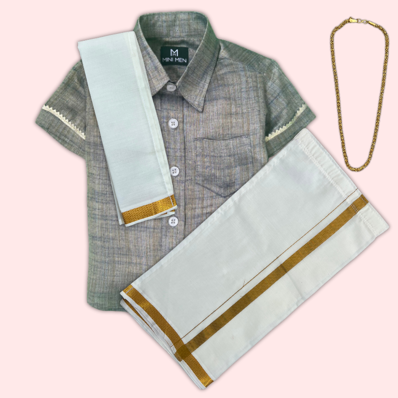 Traditional Ash Grey Silk Shirt & Dhoti Set with Accessories