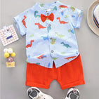 Blue Dino Printed Shirt and Orange Shorts - Partywear