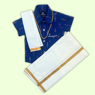 Traditional Blue Ikat Shirt & Dhoti Set with Accessories