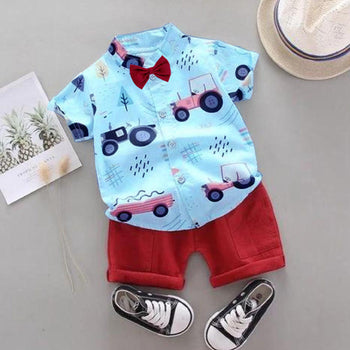 Trucks Printed Blue Shirt & Red Shorts - Partywear