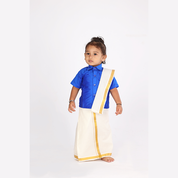 Traditional Dhoti & Blue Silk Shirt Set with Accessories