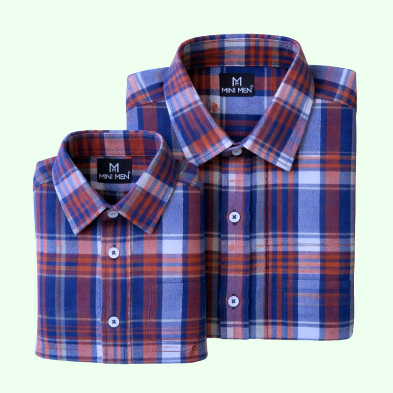 Blue Orange Checks Dad n Son Twinning Shirts