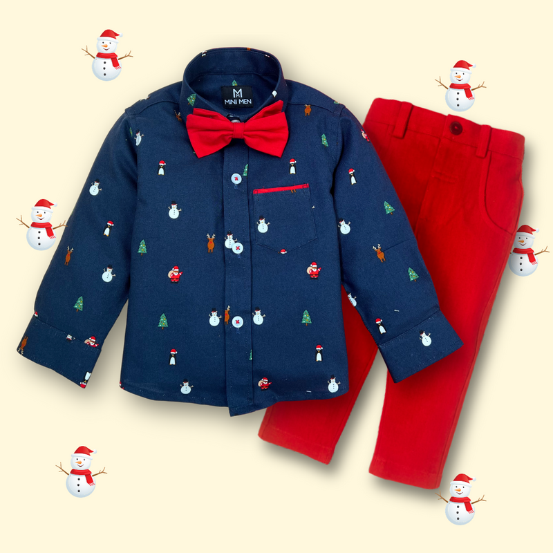 Christmas Snowman Bowtie Shirt with Red Pant - Pant Shirt Set