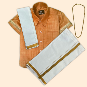 Traditional Coral Orange Silk Shirt & Dhoti Set with Accessories