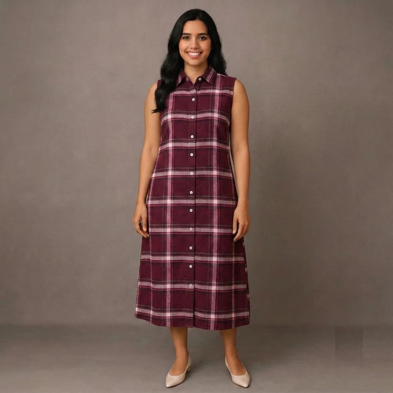Classic Burgundy Checks - Mom Twinning Shirt Dress