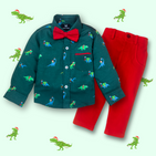 Dino Christmas Bowtie Shirt with Red Pant - Pant Shirt Set