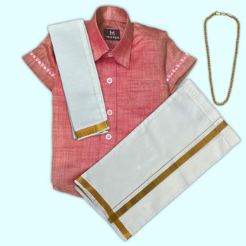 Traditional Dusky Pink Silk Shirt & Dhoti Set with Accessories