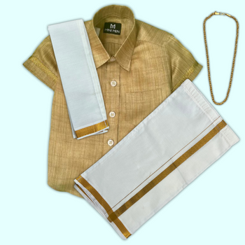Traditional Golden Sun Silk Shirt & Dhoti Set with Accessories