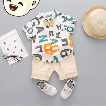 Green Alphabet Printed Shirt & Beige Shorts - Partywear