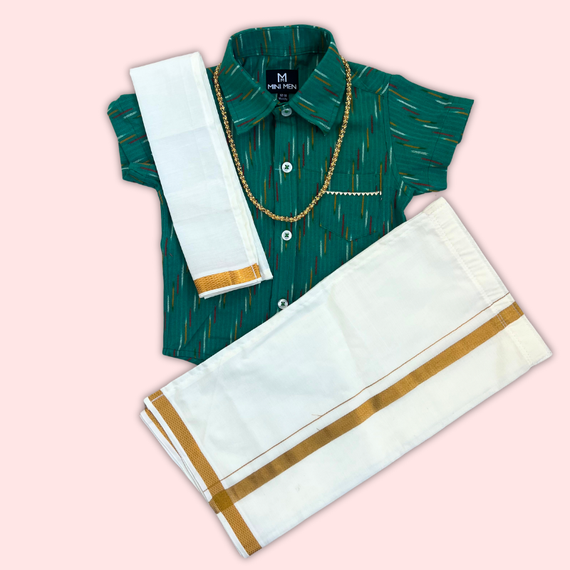 Traditional Green Ikat Shirt & Dhoti Set with Accessories