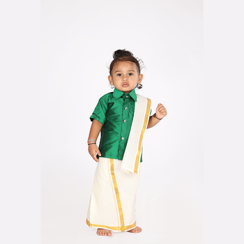 Traditional Dhoti & Green Silk Shirt Set with Accessories