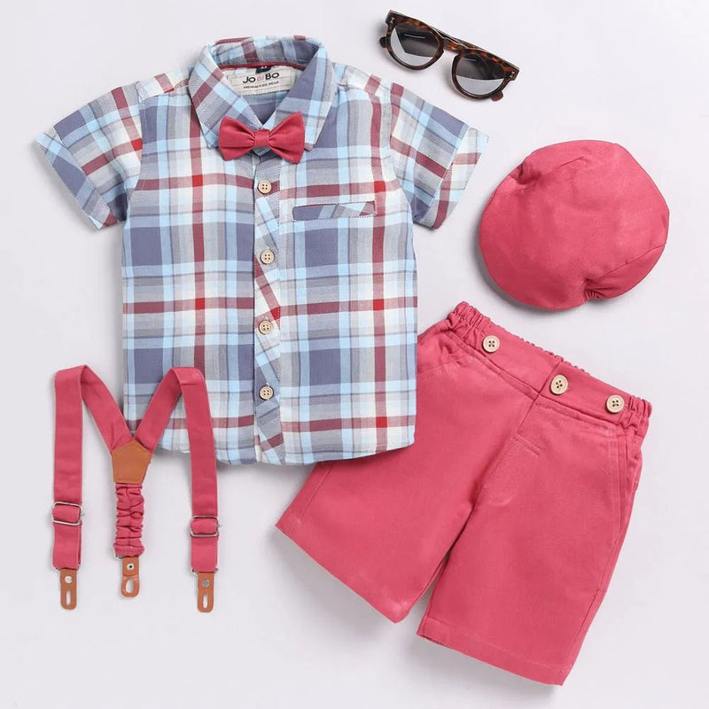 Checked Bowtie Shirt with Red Shorts Set - Partywear