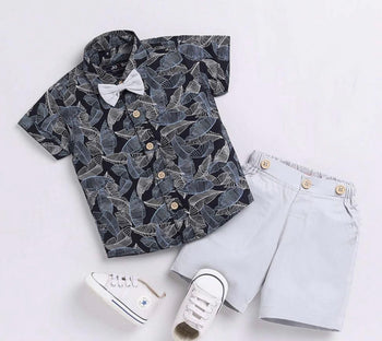 Black Floral Shirt & Grey Shorts - Partywear