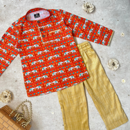 Indian Elephant Printed Orange Kurta and Gold Pyjama