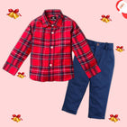 Jingle Bells Checks Shirt & Blue Pant - Pant Shirt Set