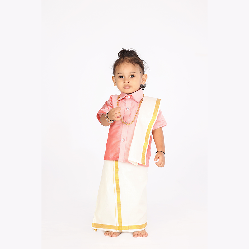 Traditional Dhoti & Light Pink Silk Shirt Set with Accessories