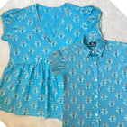 Traditional Block Print Teal Top and Shirt - Mom and Son Twinning Combo