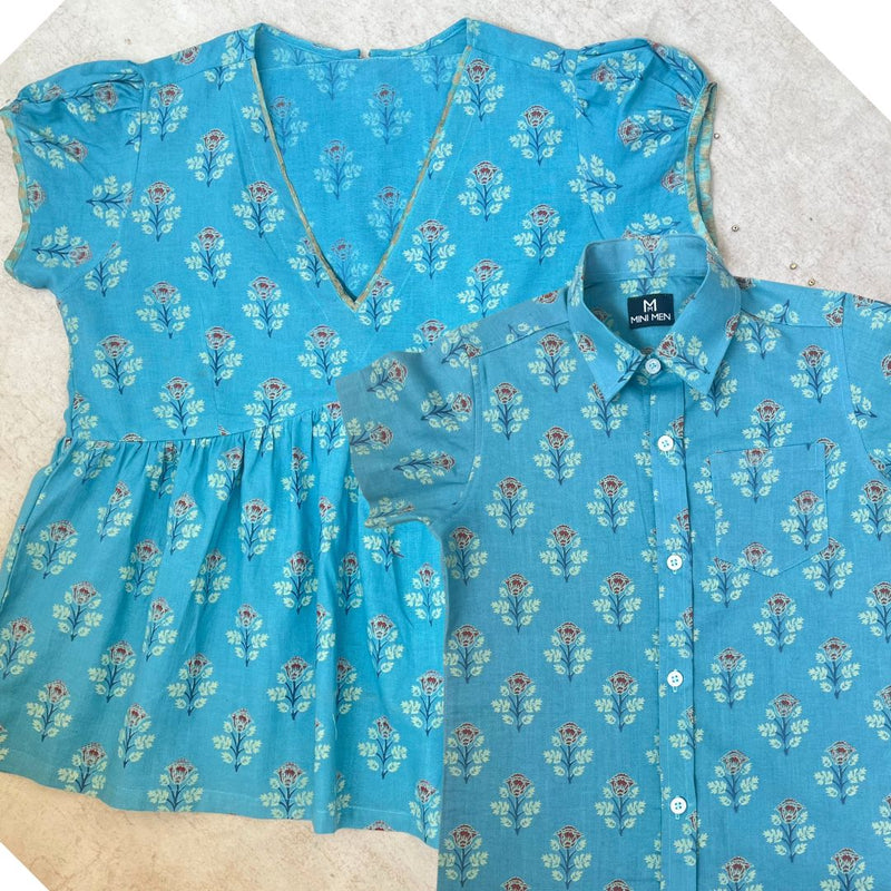 Traditional Block Print Teal Top and Shirt - Mom and Son Twinning Combo