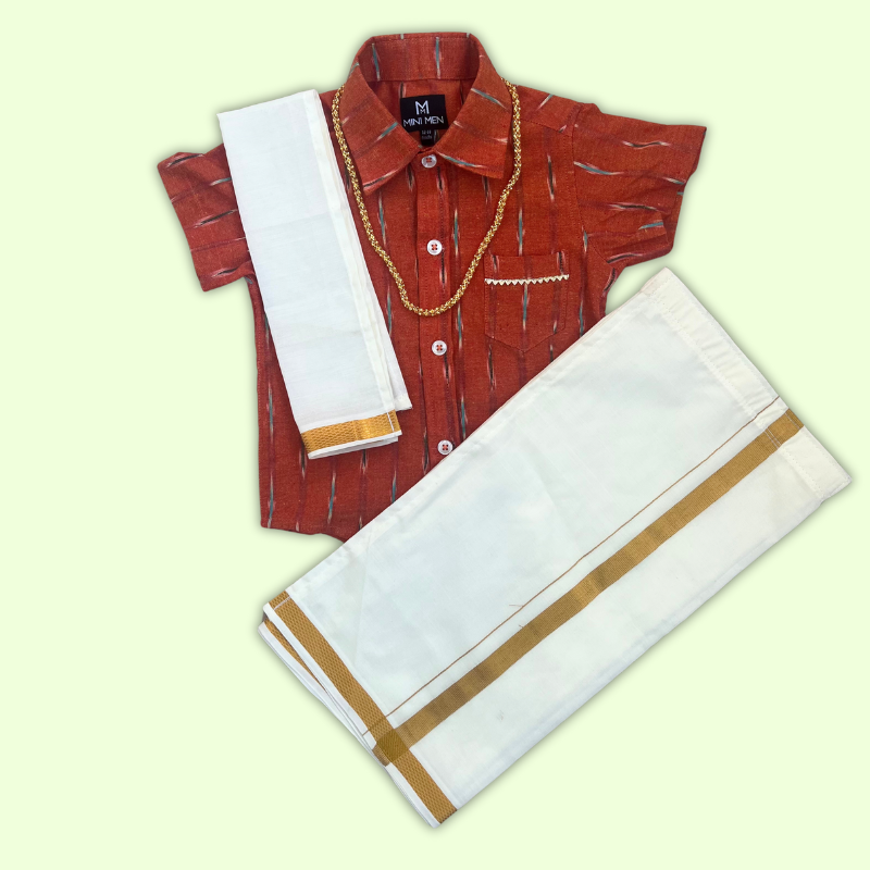 Traditional Orange Ikat Shirt & Dhoti Set with Accessories
