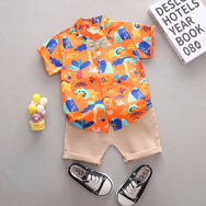 Orange Dino Printed Shirt and Beige Shorts - Partywear