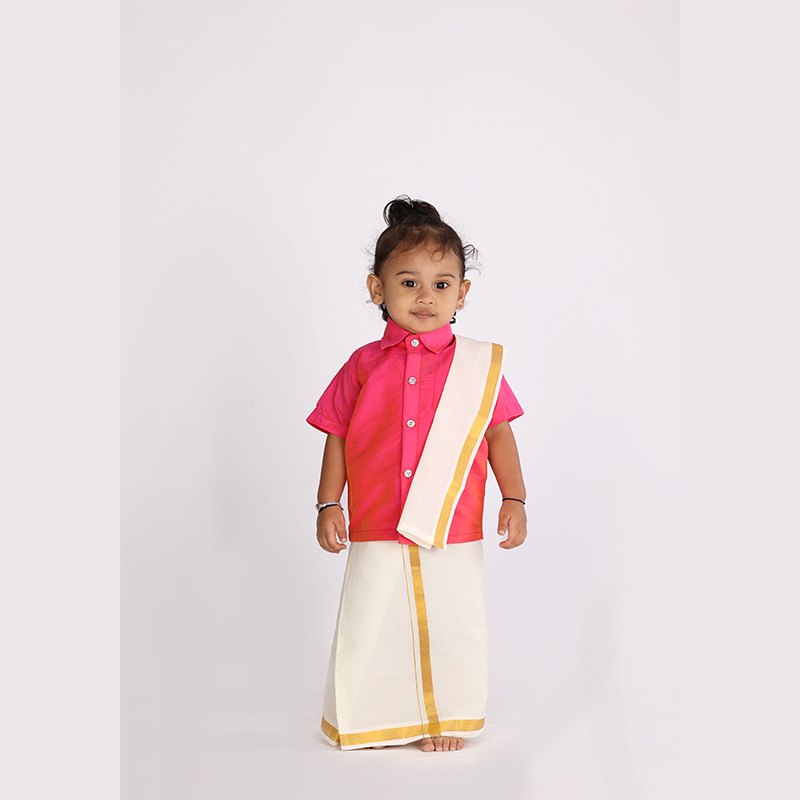 Traditional Dhoti & Bright Pink Silk Shirt Set with Accessories
