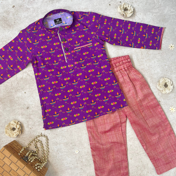 Purple Lotus Printed Kurta and Rosegold Pyjama