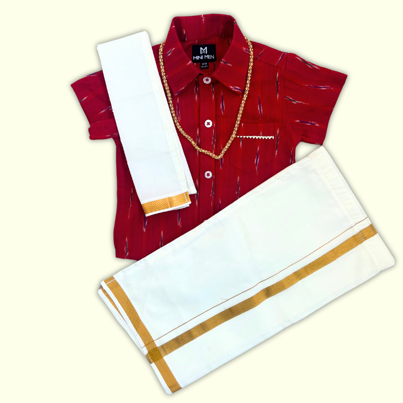 Traditional Red Ikat Shirt & Dhoti Set with Accessories