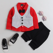 Red Shirt and Striped Waistcoat and Pant Set - Partywear