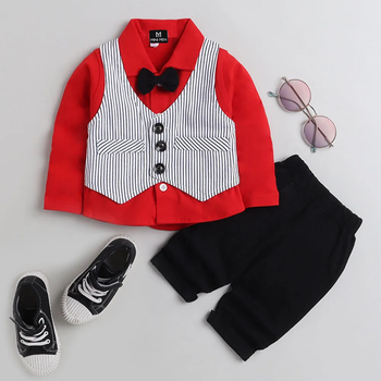 Red Shirt and Striped Waistcoat and Pant Set - Partywear