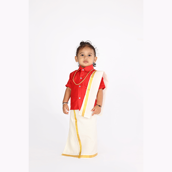 Traditional Dhoti & Red Silk Shirt Set with Accessories