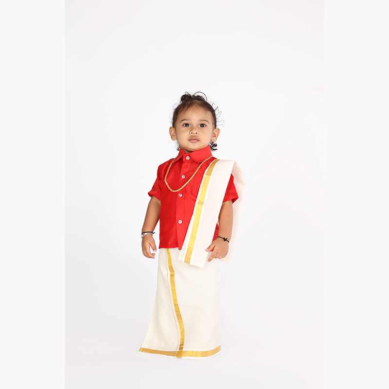 Traditional Dhoti & Red Silk Shirt Set with Accessories