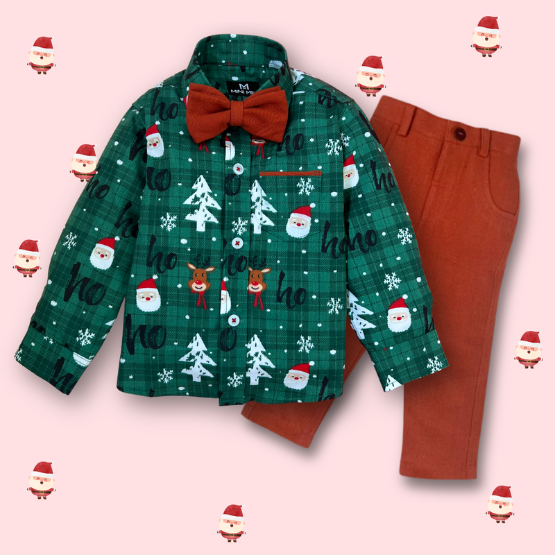 Santa Claus Christmas Bowtie Shirt with Rust Pant - Pant Shirt Set