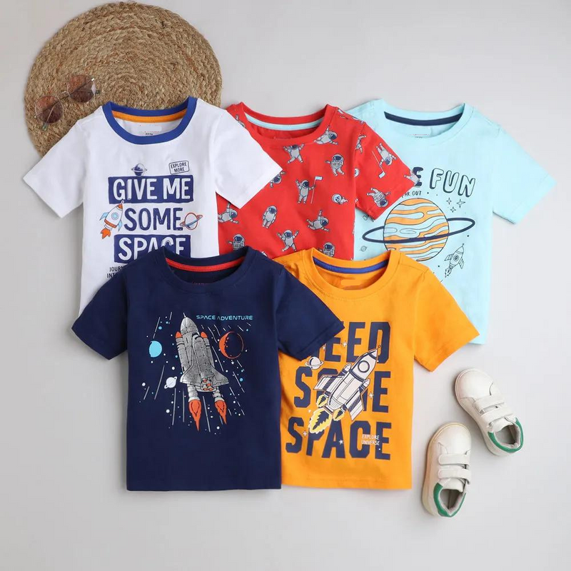 Space Graphic Printed T-Shirts - Pack of 5