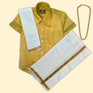 Traditional Sugarcane Yellow Silk Shirt & Dhoti Set with Accessories